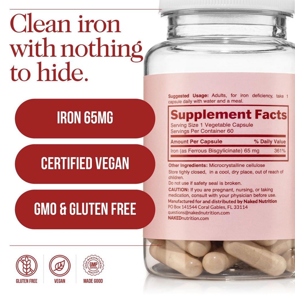 Naked Iron 65mg, 325mg Ferrous Bisglycinate - High Potency Iron Supplement for Iron Deficiency, Cellular Energy Support, Promotes Healthy Red Blood Cell Production - FENGGESTORE20