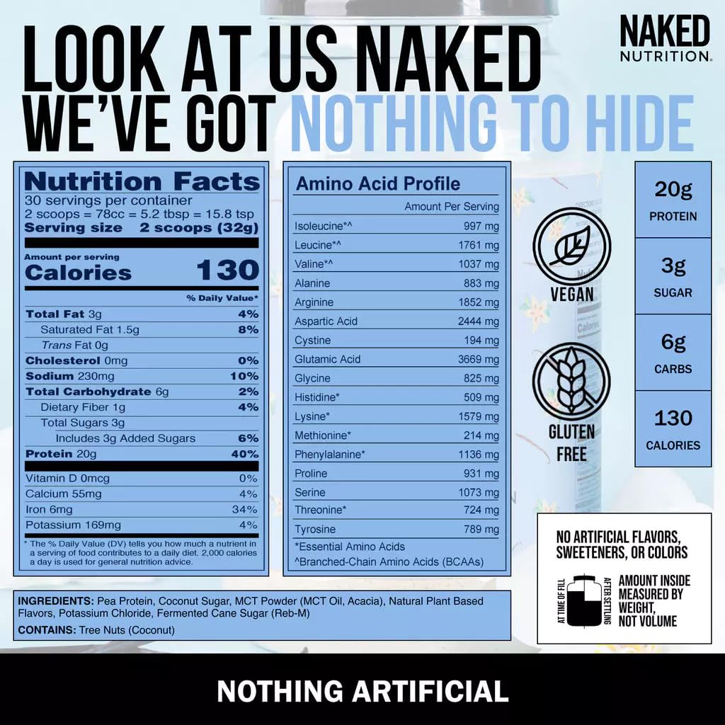 NAKED Shake - Vanilla Protein Powder - Plant Based Protein Shake with Mct Oil, NSF Certified, Gluten-Free, Soy-Free, No Gmos Or Artificial Sweeteners - 30 Servings - FENGGESTORE20