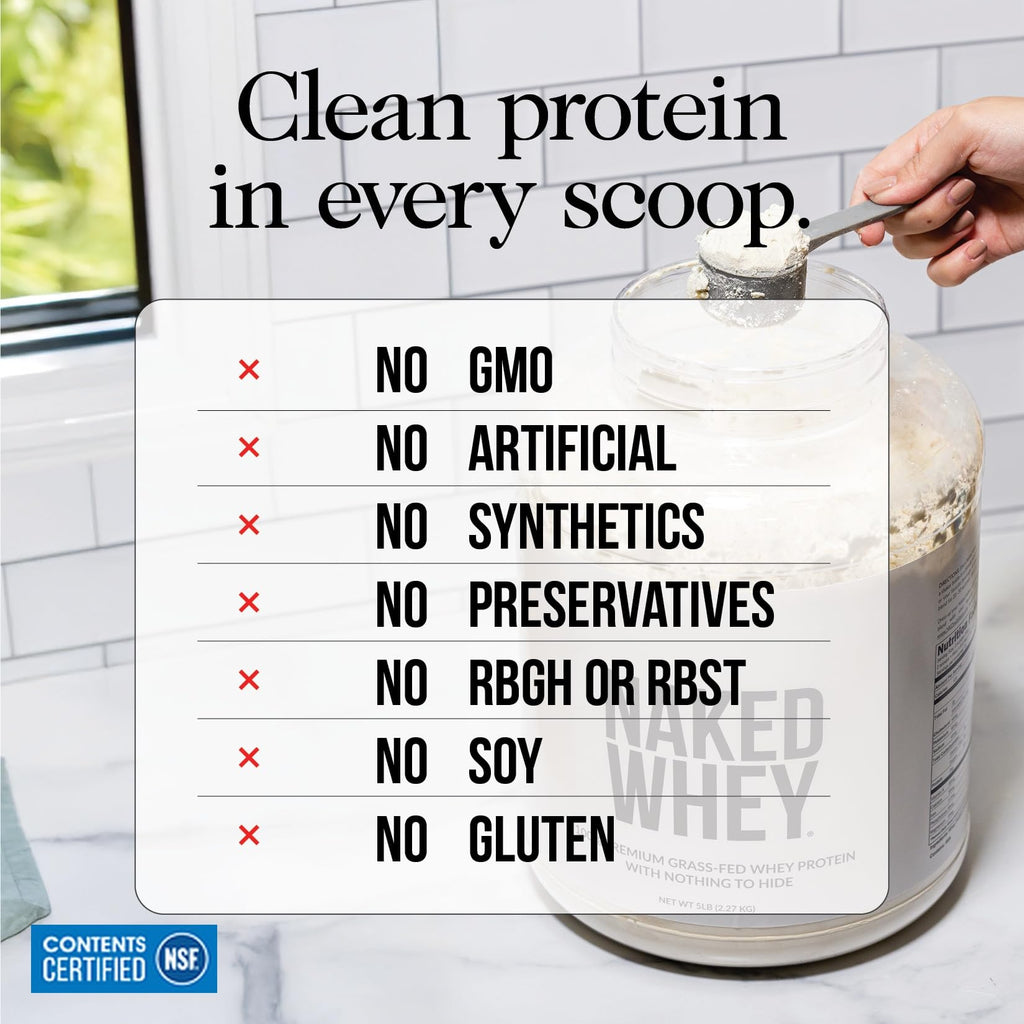 NAKED Whey 2LB 100% Grass Fed Whey Protein Powder - Only 1 Ingredient, Unflavored Whey Protein, NSF Certified, Undenatured, Gluten Free, - FENGGESTORE20
