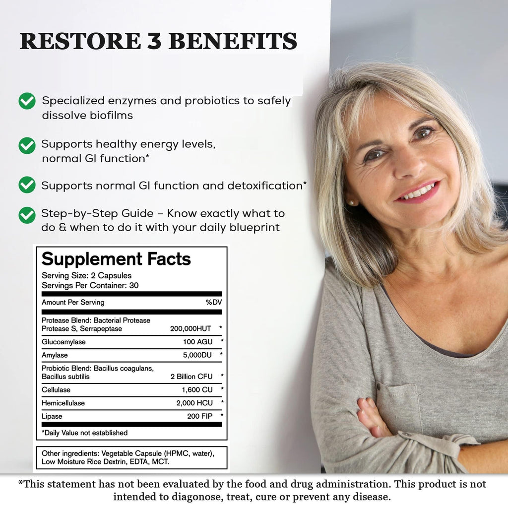 Native Formulas Restore 3 Proteolytic Enzyme & Spore Probiotic Blend Supplement - 60 Capsules - Advanced Biofilm Disruption Aid - FENGGESTORE20