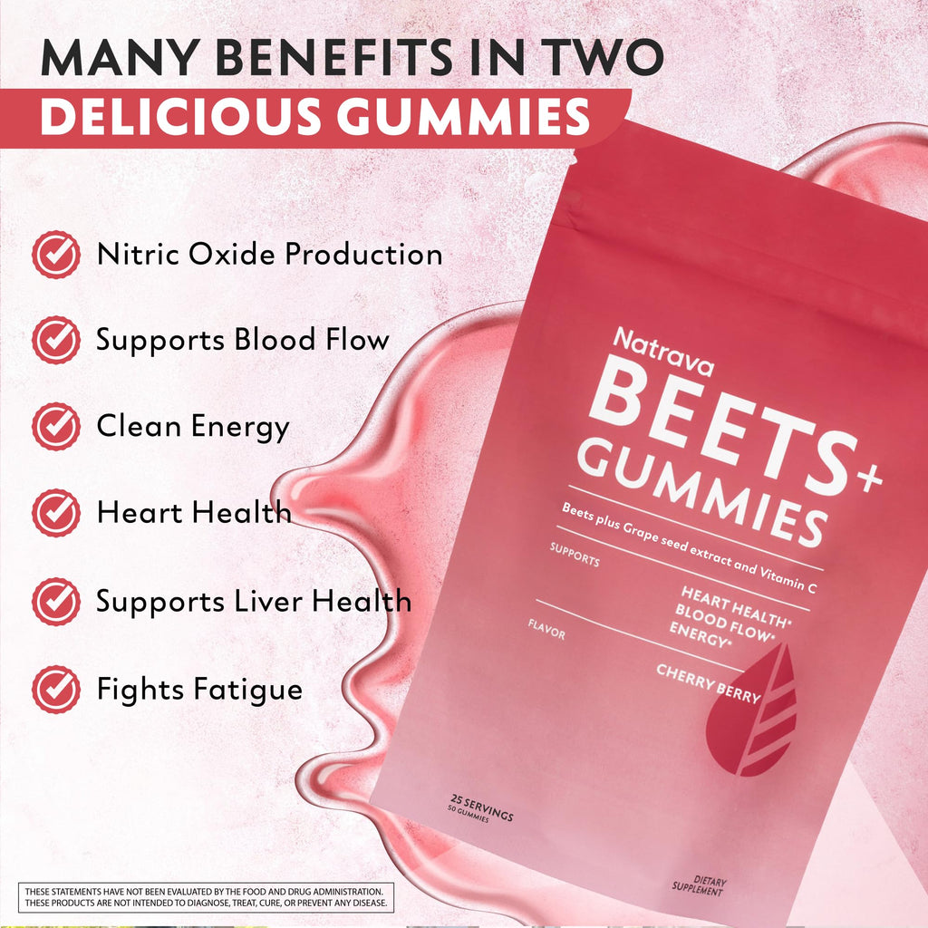 Natrava Beets+ Gummies - Premium Beet Root Powder, Grape Seed Extract and Vitamin C - Supports Healthy Blood Pressure and Heart Health - Low Sugar Nitric Oxide and Circulation Supplement - 50 Gummies - FENGGESTORE20