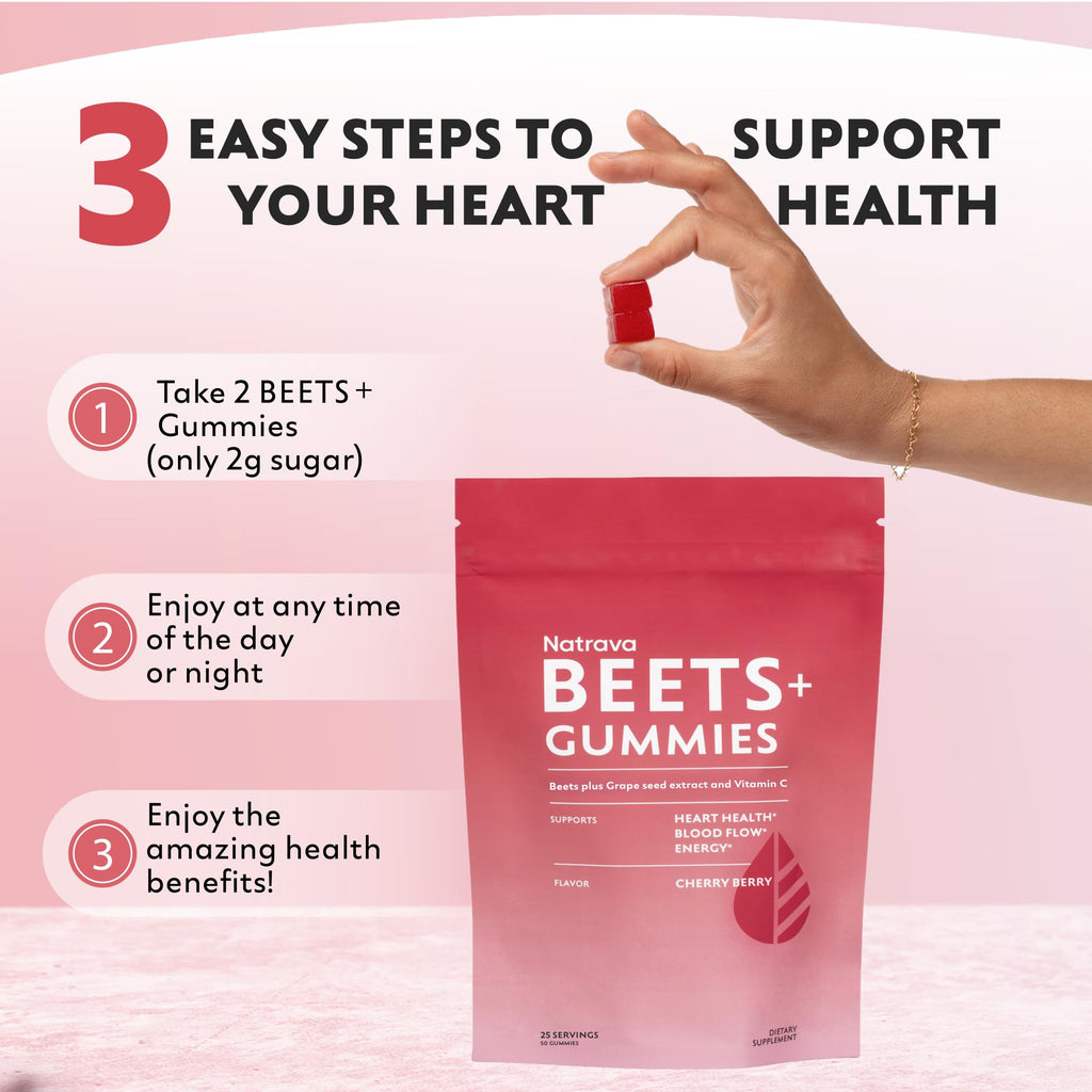 Natrava Beets+ Gummies - Premium Beet Root Powder, Grape Seed Extract and Vitamin C - Supports Healthy Blood Pressure and Heart Health - Low Sugar Nitric Oxide and Circulation Supplement - 50 Gummies - FENGGESTORE20