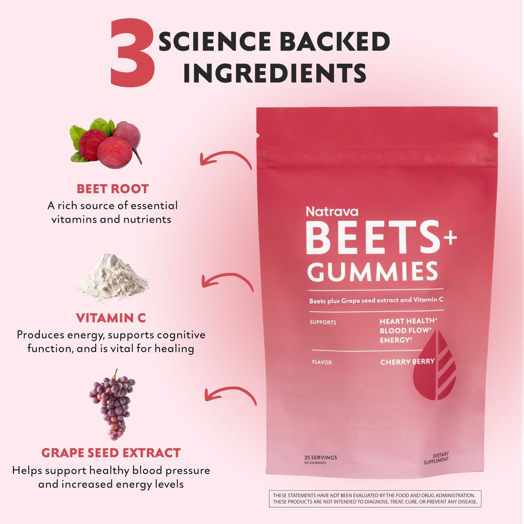 Natrava Beets+ Gummies - Premium Beet Root Powder, Grape Seed Extract and Vitamin C - Supports Healthy Blood Pressure and Heart Health - Low Sugar Nitric Oxide and Circulation Supplement - 50 Gummies - FENGGESTORE20