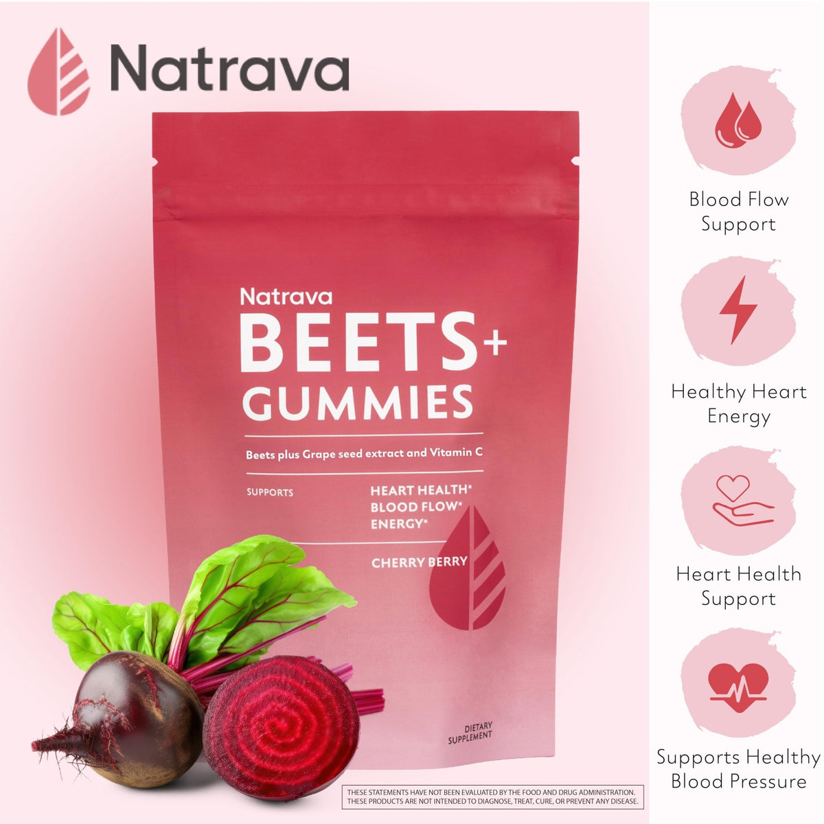 Natrava Beets+ Gummies - Premium Beet Root Powder, Grape Seed Extract and Vitamin C - Supports Healthy Blood Pressure and Heart Health - Low Sugar Nitric Oxide and Circulation Supplement - 50 Gummies - FENGGESTORE20