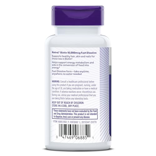 Natrol Biotin 10000mcg, 4X Faster Dissolve Supplement for Healthy Hair, Skin and Nails for Those Low in Biotin, Plus Energy Metabolism Support - FENGGESTORE20