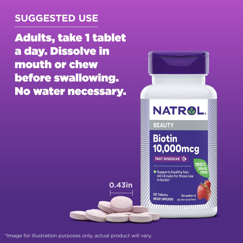 Natrol Biotin 10000mcg, 4X Faster Dissolve Supplement for Healthy Hair, Skin and Nails for Those Low in Biotin, Plus Energy Metabolism Support - FENGGESTORE20
