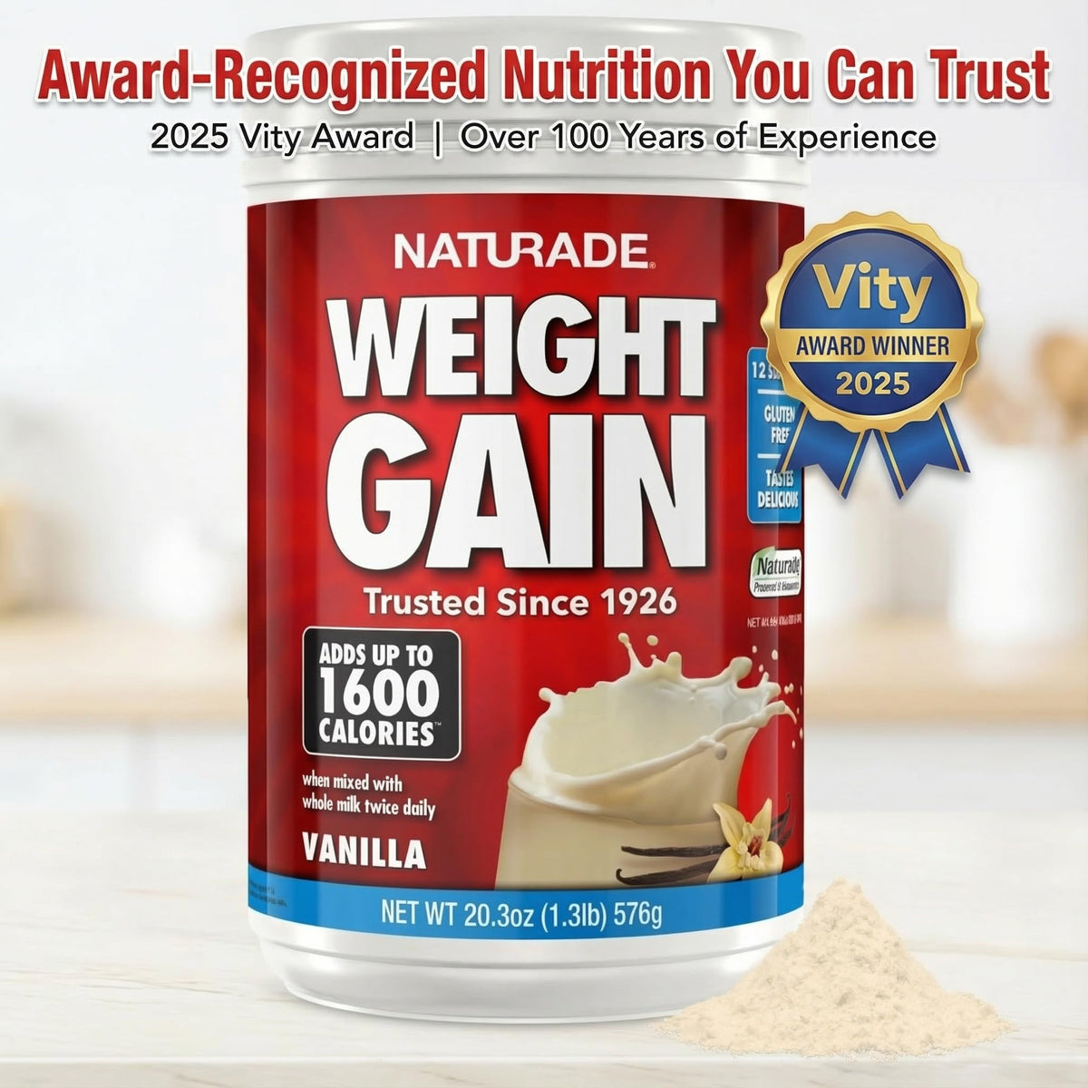Naturade Weight Gain Nutrition Drink Mix for Healthy Weight Support, Balanced Calories with Protein, Vitamins & Minerals, Vanilla - 20.3 oz - FENGGESTORE20