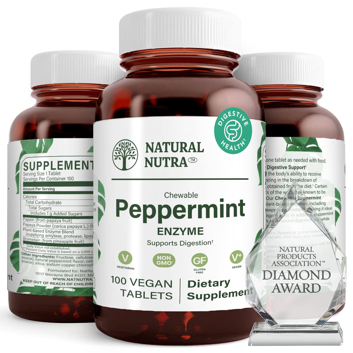 Natural Nutra Chewable Peppermint Digestive Enzyme Supplement, Help to Relieve Gas, Indigestion, and Other Digestive discomforts, Stomach Calmness, Papaya (Papain) - FENGGESTORE20