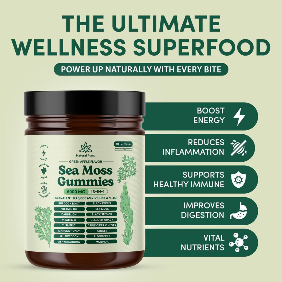 Natural Rems Sea Moss Gummies 16-in-1 - Ashwagandha Black Seed Oil Bladder Wrack Turmeric Vitamin C & D3 with Manuka Burdock Root Dandelion Yellow - FENGGESTORE20