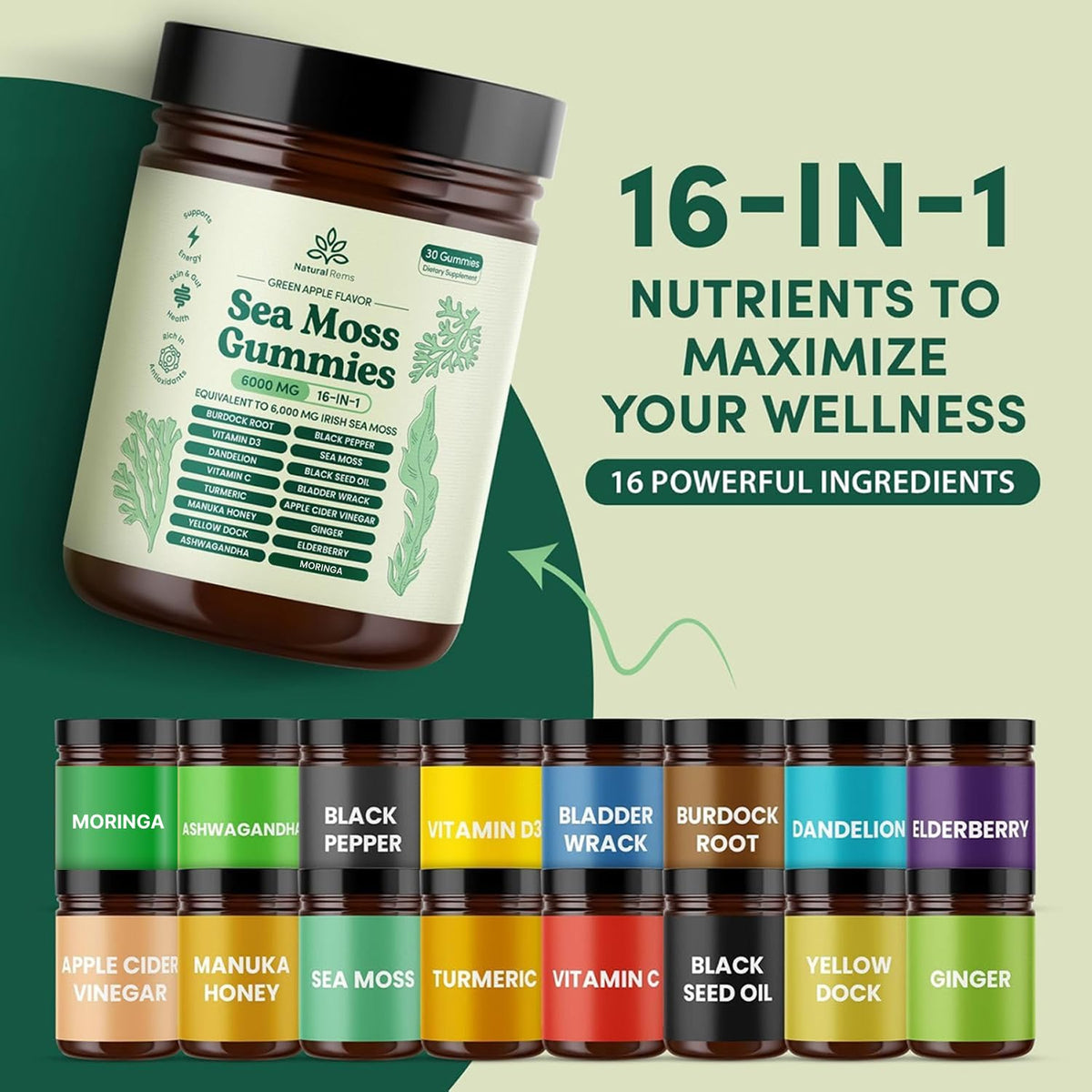 Natural Rems Sea Moss Gummies 16-in-1 - Ashwagandha Black Seed Oil Bladder Wrack Turmeric Vitamin C & D3 with Manuka Burdock Root Dandelion Yellow - FENGGESTORE20