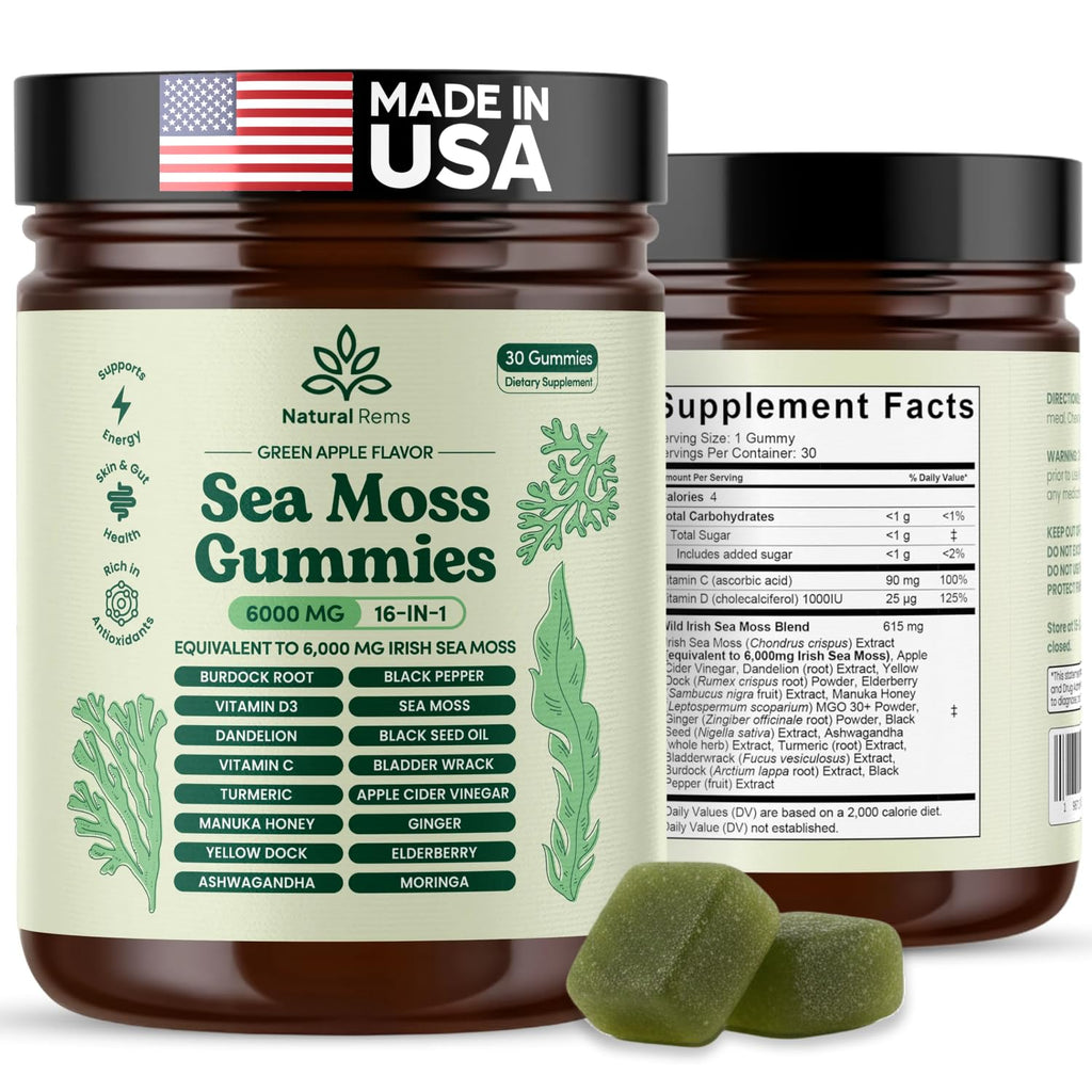 Natural Rems Sea Moss Gummies 16-in-1 - Ashwagandha Black Seed Oil Bladder Wrack Turmeric Vitamin C & D3 with Manuka Burdock Root Dandelion Yellow - FENGGESTORE20