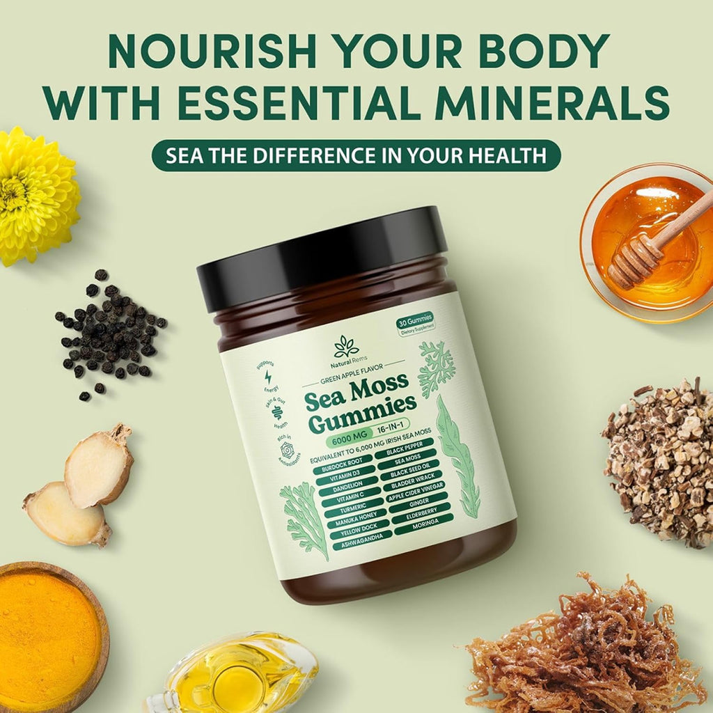 Natural Rems Sea Moss Gummies 16-in-1 - Ashwagandha Black Seed Oil Bladder Wrack Turmeric Vitamin C & D3 with Manuka Burdock Root Dandelion Yellow - FENGGESTORE20