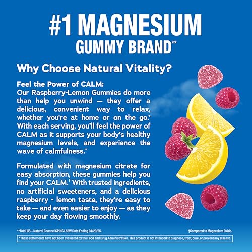 Natural Vitality Calm Magnesium Gummies | 330mg Per Serving | Raspberry Lemon Flavored Supplement | Gluten-Free & Vegan | 240 Count - FENGGESTORE20