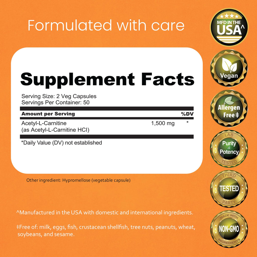 NaturaLife Labs Acetyl L-Carnitine (ALCAR) 1500 mg per Serving – 100 Capsules – Non-GMO, Gluten-Free, Vegan - FENGGESTORE20