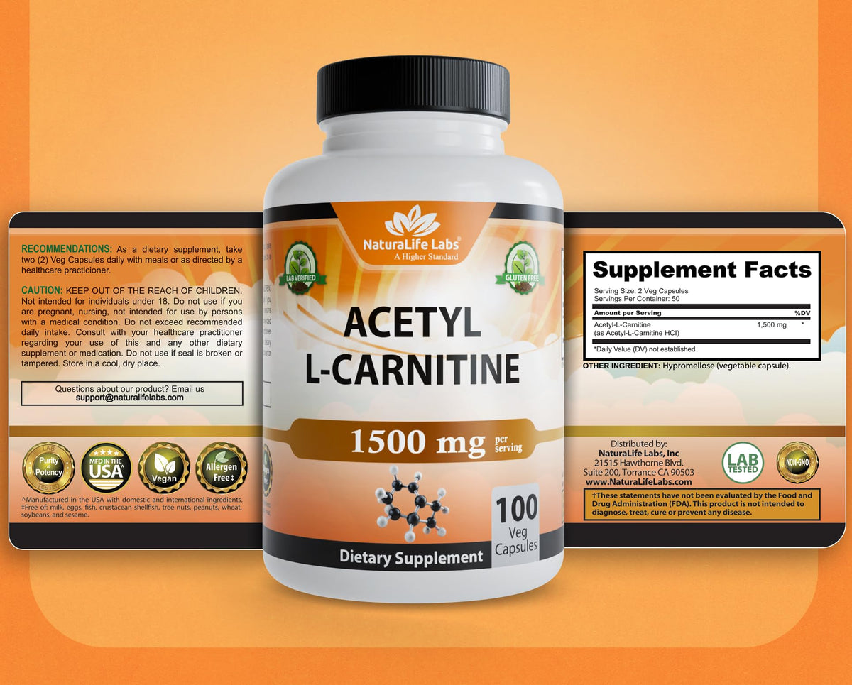 NaturaLife Labs Acetyl L-Carnitine (ALCAR) 1500 mg per Serving – 100 Capsules – Non-GMO, Gluten-Free, Vegan - FENGGESTORE20