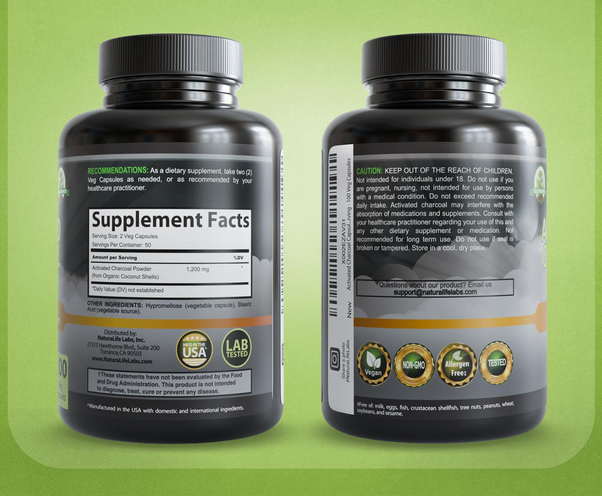 NaturaLife Labs Activated Charcoal 1200 mg per Serving – from Coconut Shells – 100 Veg Capsules – Non-GMO, Gluten-Free, Vegan - FENGGESTORE20