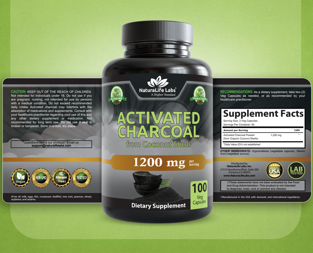 NaturaLife Labs Activated Charcoal 1200 mg per Serving – from Coconut Shells – 100 Veg Capsules – Non-GMO, Gluten-Free, Vegan - FENGGESTORE20