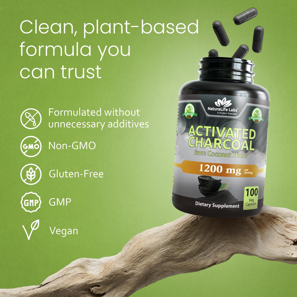 NaturaLife Labs Activated Charcoal 1200 mg per Serving – from Coconut Shells – 100 Veg Capsules – Non-GMO, Gluten-Free, Vegan - FENGGESTORE20