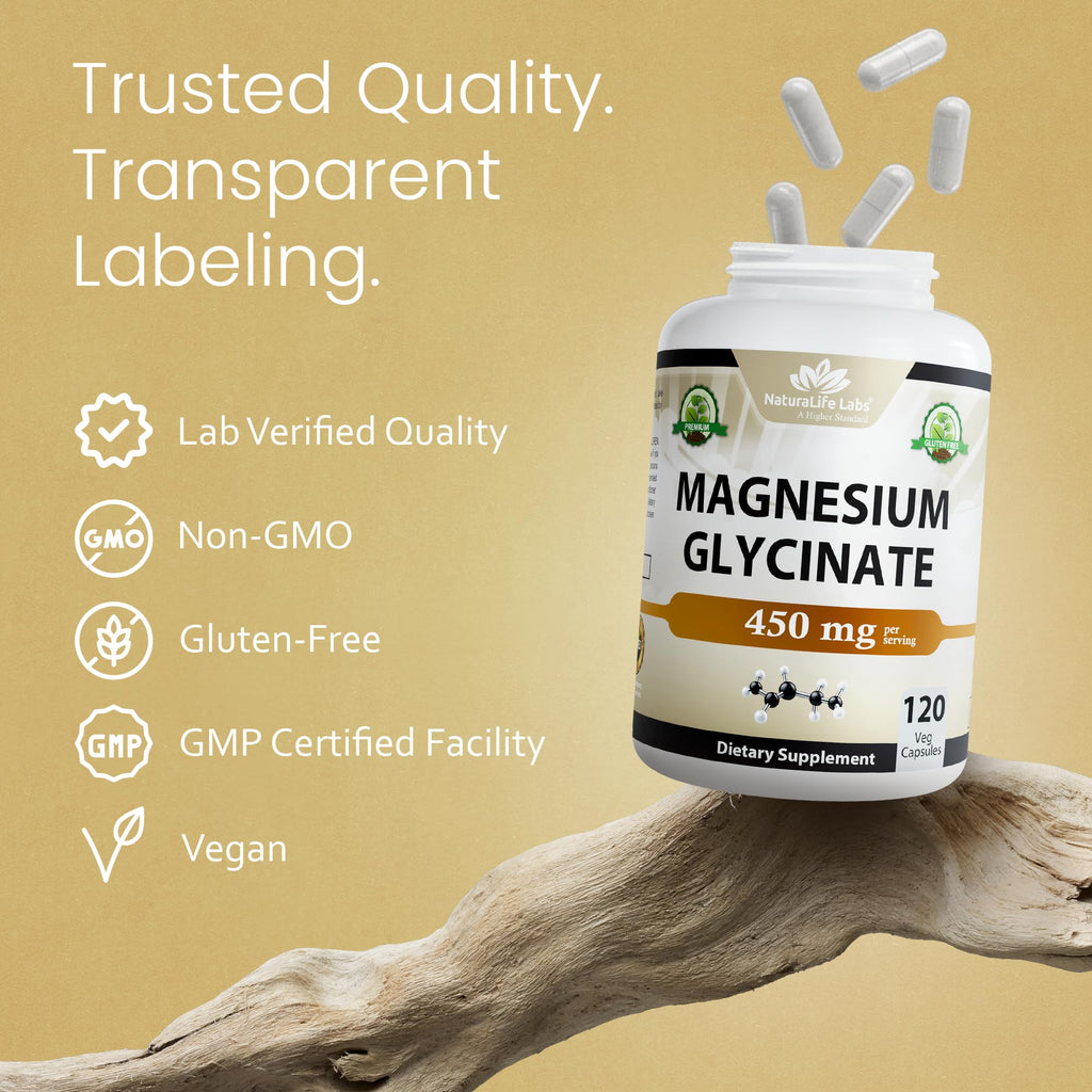 NaturaLife Labs Magnesium Glycinate - 450 mg per Serving – 120 Vegan Capsules - Non-GMO, Gluten-Free, Vegan - FENGGESTORE20