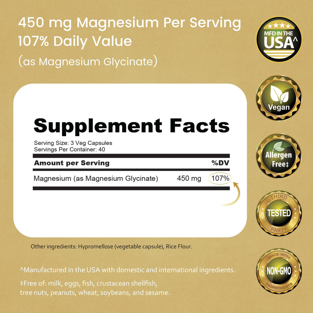 NaturaLife Labs Magnesium Glycinate - 450 mg per Serving – 120 Vegan Capsules - Non-GMO, Gluten-Free, Vegan - FENGGESTORE20