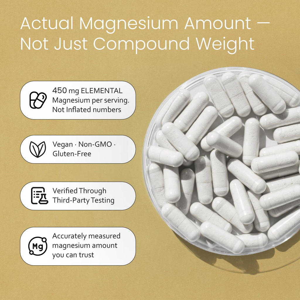 NaturaLife Labs Magnesium Glycinate - 450 mg per Serving – 120 Vegan Capsules - Non-GMO, Gluten-Free, Vegan - FENGGESTORE20