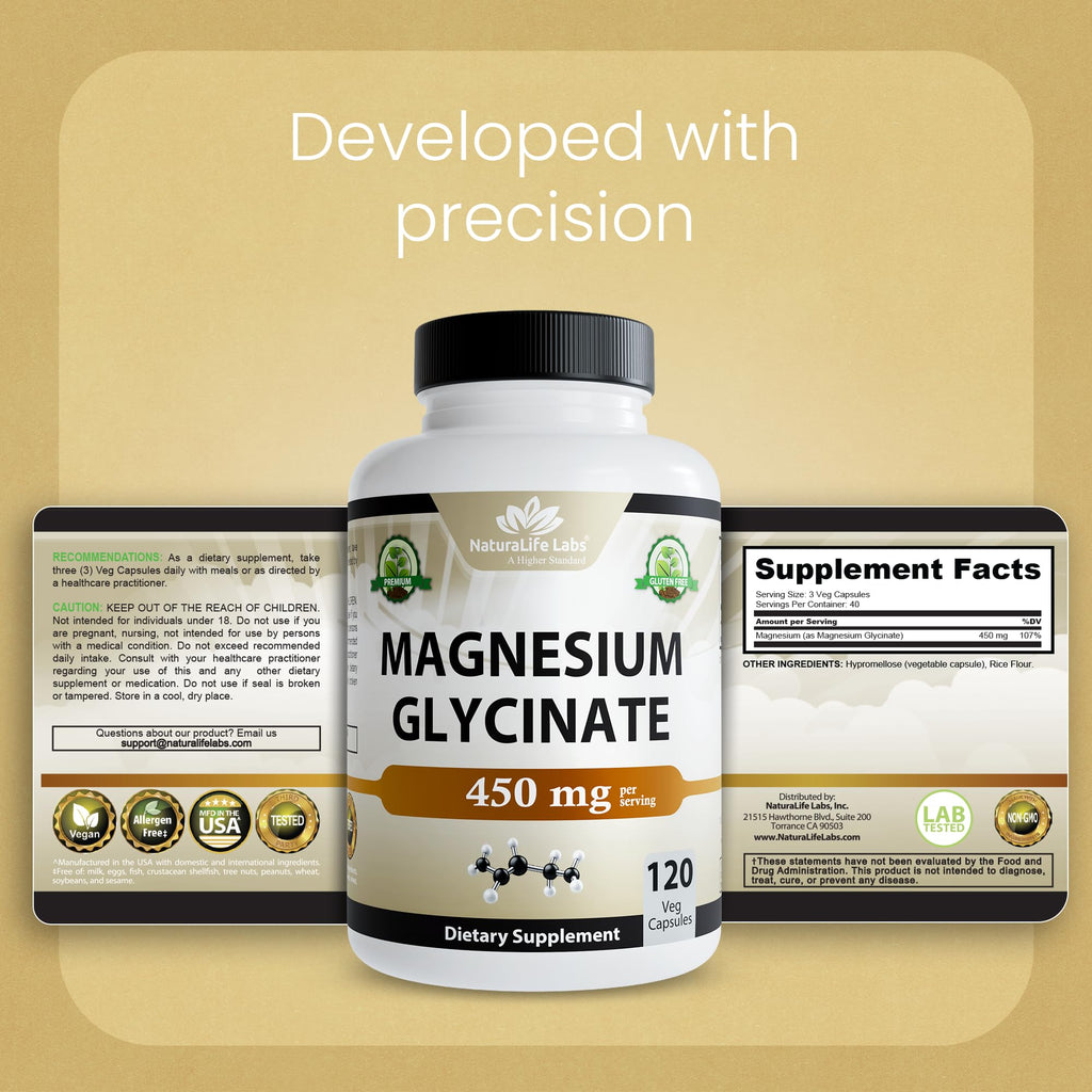 NaturaLife Labs Magnesium Glycinate - 450 mg per Serving – 120 Vegan Capsules - Non-GMO, Gluten-Free, Vegan - FENGGESTORE20