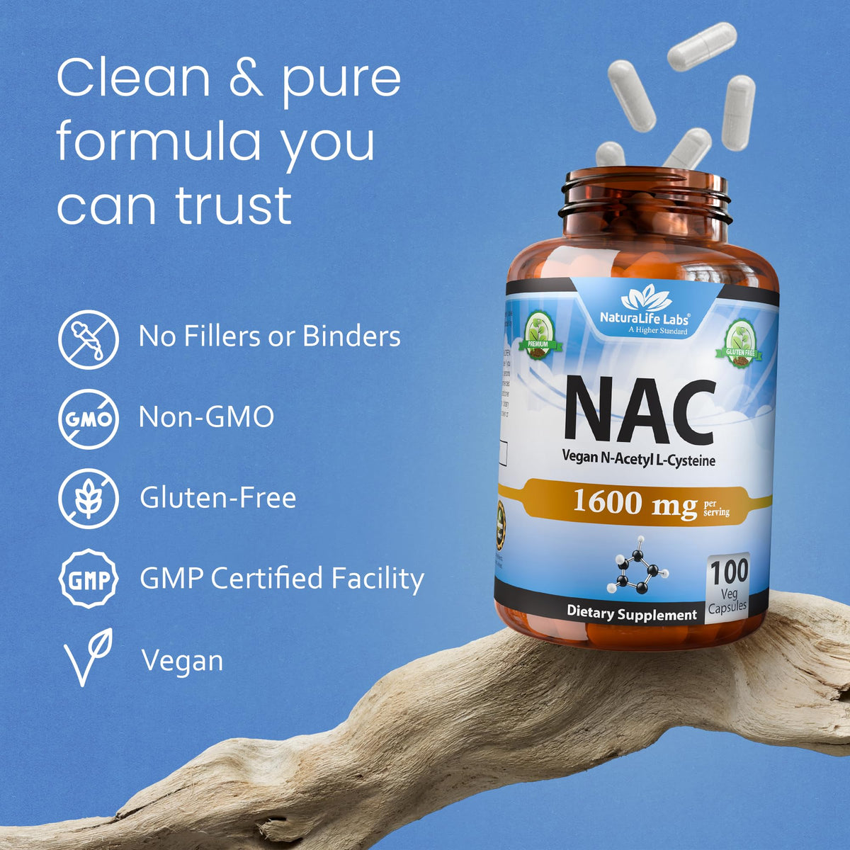 NaturaLife Labs N-Acetyl-L-Cysteine (NAC) 1600 mg – 100 Capsules - Vegan, Non-GMO & Gluten-Free - FENGGESTORE20