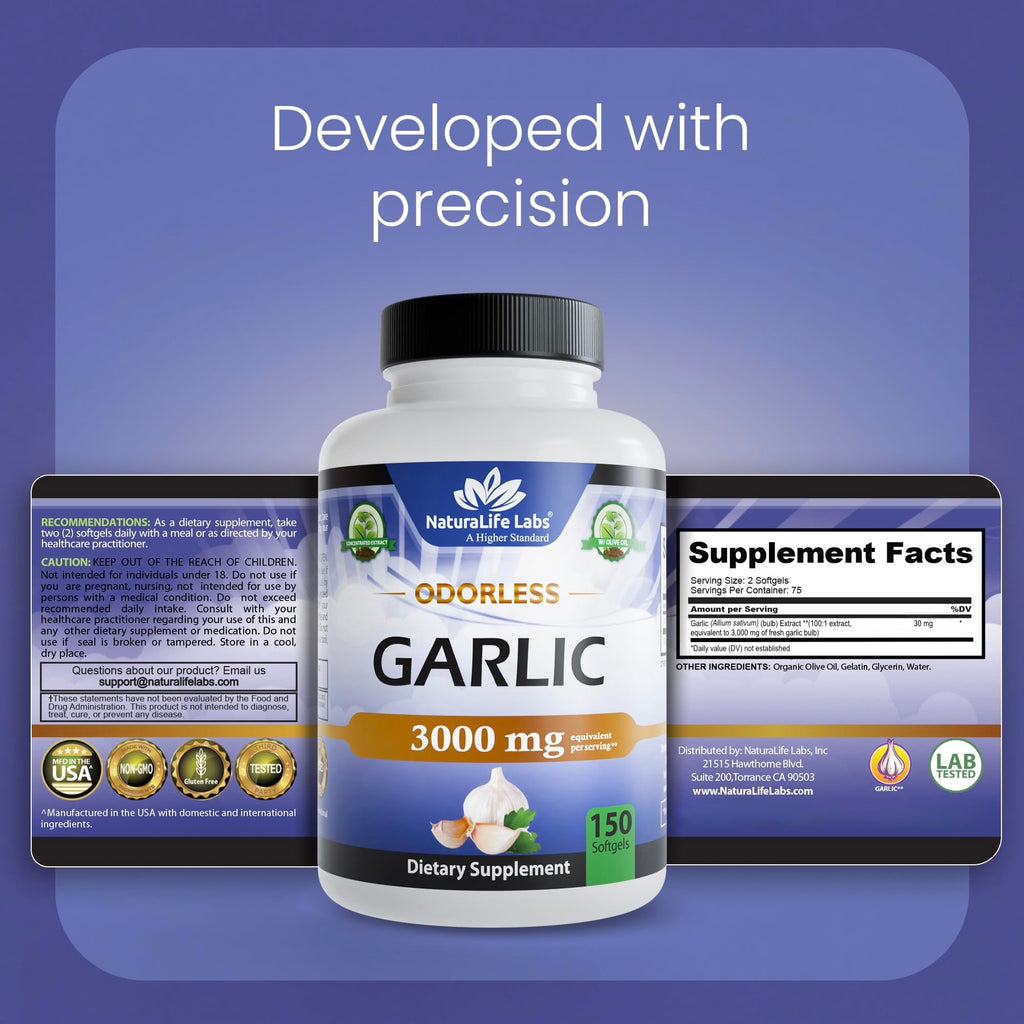 NaturaLife Labs Odorless Garlic Supplement – Garlic (Allium sativum) Extract Softgels – 150 Count – Non-GMO, Gluten-Free - FENGGESTORE20