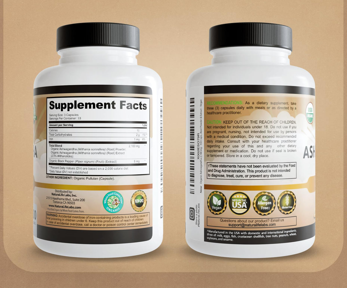 NaturaLife Labs Organic Ashwagandha 2100 mg per Serving – Herbal Supplement Root Powder & Extract – 100 Capsules – Vegan, Non-GMO, Gluten-Free - FENGGESTORE20