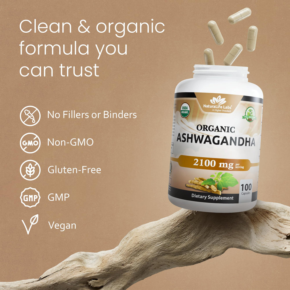 NaturaLife Labs Organic Ashwagandha 2100 mg per Serving – Herbal Supplement Root Powder & Extract – 100 Capsules – Vegan, Non-GMO, Gluten-Free - FENGGESTORE20