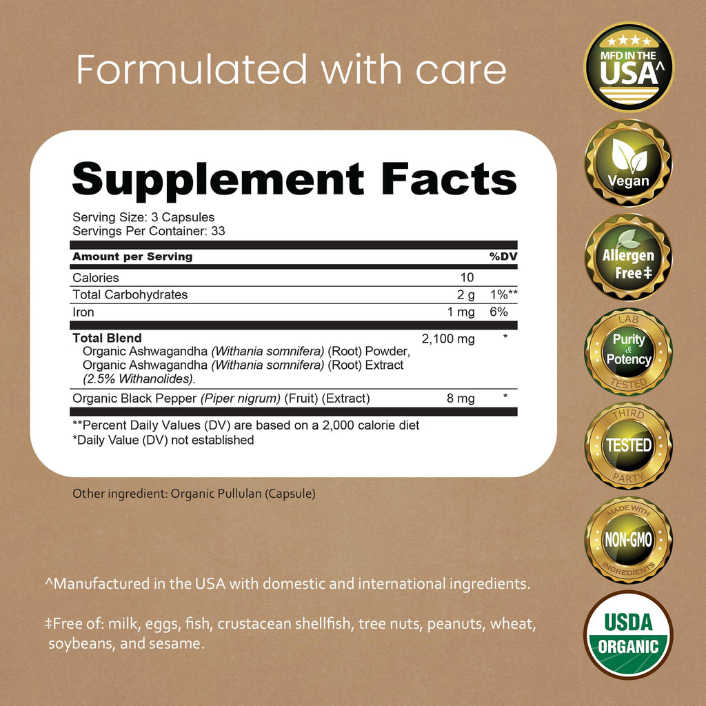 NaturaLife Labs Organic Ashwagandha 2100 mg per Serving – Herbal Supplement Root Powder & Extract – 100 Capsules – Vegan, Non-GMO, Gluten-Free - FENGGESTORE20