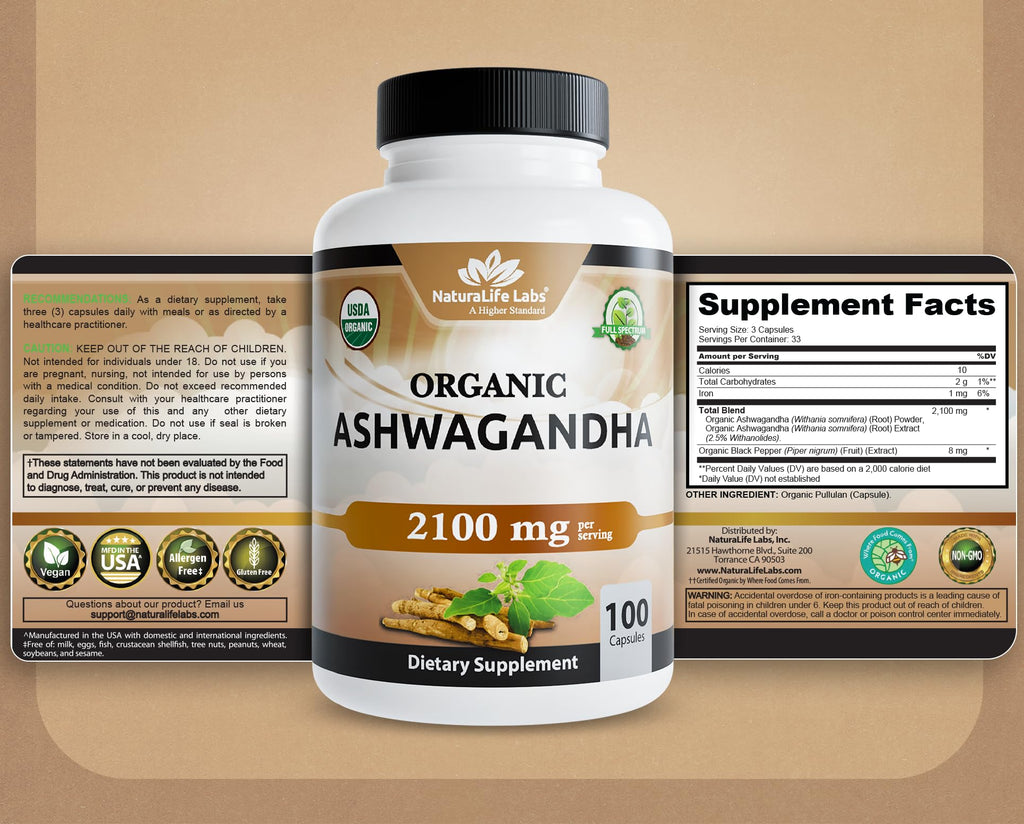 NaturaLife Labs Organic Ashwagandha 2100 mg per Serving – Herbal Supplement Root Powder & Extract – 100 Capsules – Vegan, Non-GMO, Gluten-Free - FENGGESTORE20