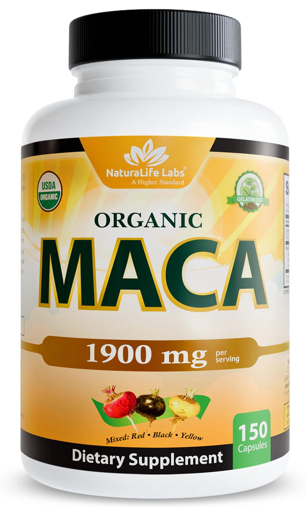 NaturaLife Labs Organic Maca Root – Black, Red & Yellow – 1900 mg per Serving – 150 Capsules – Gelatinized Peruvian Maca - FENGGESTORE20