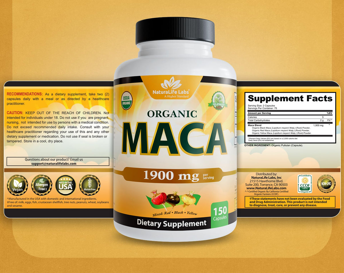 NaturaLife Labs Organic Maca Root – Black, Red & Yellow – 1900 mg per Serving – 150 Capsules – Gelatinized Peruvian Maca - FENGGESTORE20