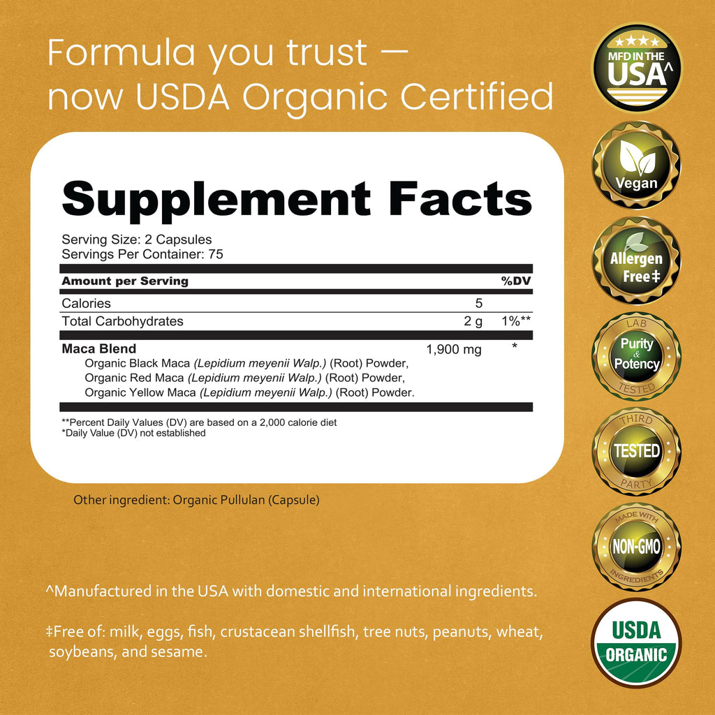 NaturaLife Labs Organic Maca Root – Black, Red & Yellow – 1900 mg per Serving – 150 Capsules – Gelatinized Peruvian Maca - FENGGESTORE20