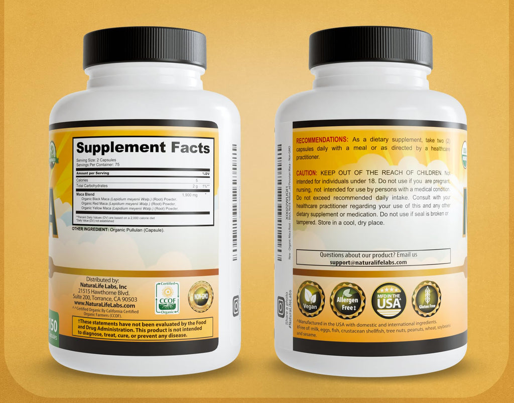 NaturaLife Labs Organic Maca Root – Black, Red & Yellow – 1900 mg per Serving – 150 Capsules – Gelatinized Peruvian Maca - FENGGESTORE20