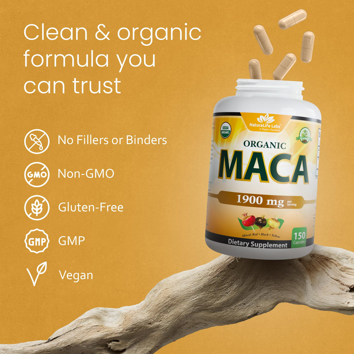 NaturaLife Labs Organic Maca Root – Black, Red & Yellow – 1900 mg per Serving – 150 Capsules – Gelatinized Peruvian Maca - FENGGESTORE20