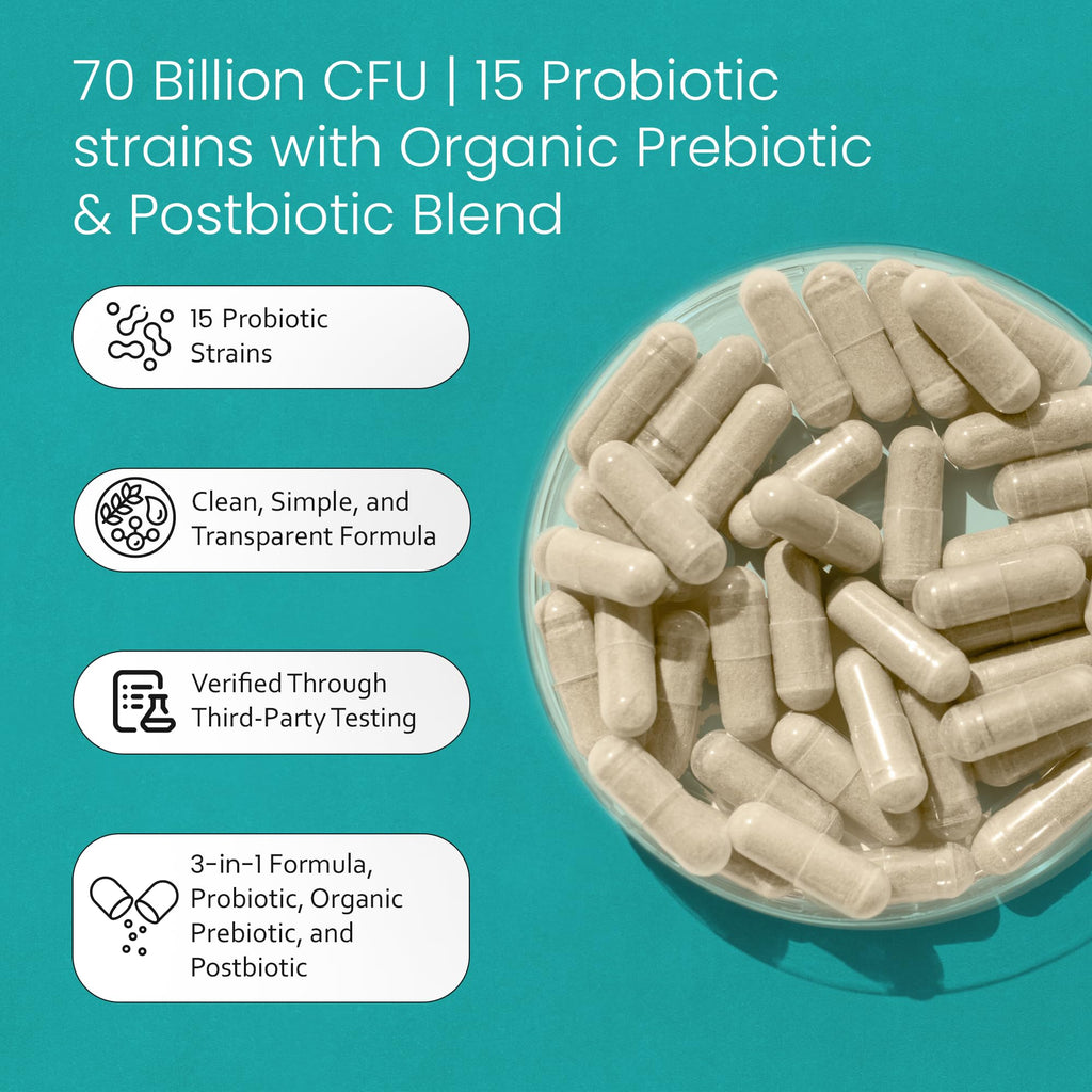 NaturaLife Labs Probiotics 70 Billion CFU – 15 Strains with Organic Prebiotic & Postbiotic – 3-in-1 Formula – 30 Vegan Capsules - FENGGESTORE20