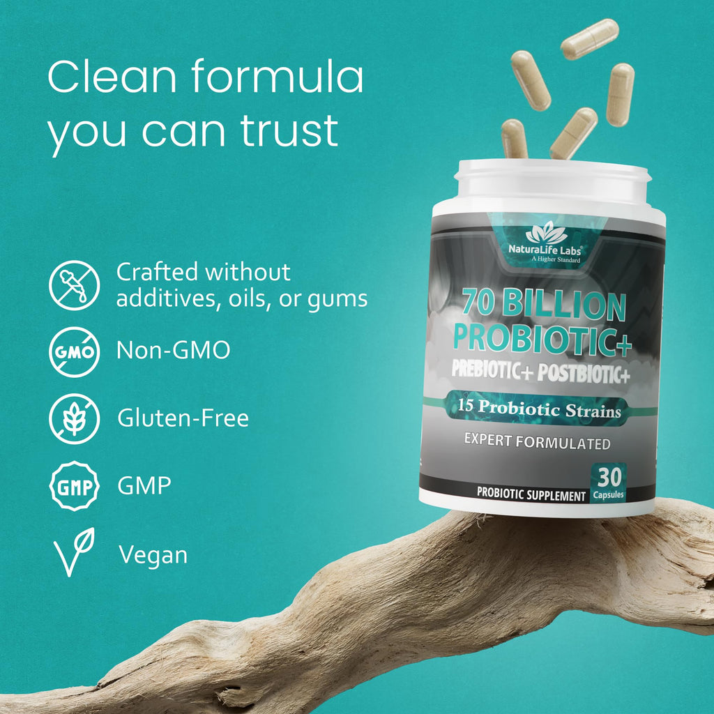 NaturaLife Labs Probiotics 70 Billion CFU – 15 Strains with Organic Prebiotic & Postbiotic – 3-in-1 Formula – 30 Vegan Capsules - FENGGESTORE20