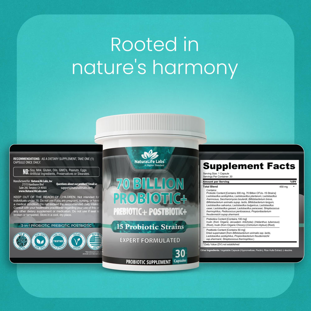 NaturaLife Labs Probiotics 70 Billion CFU – 15 Strains with Organic Prebiotic & Postbiotic – 3-in-1 Formula – 30 Vegan Capsules - FENGGESTORE20