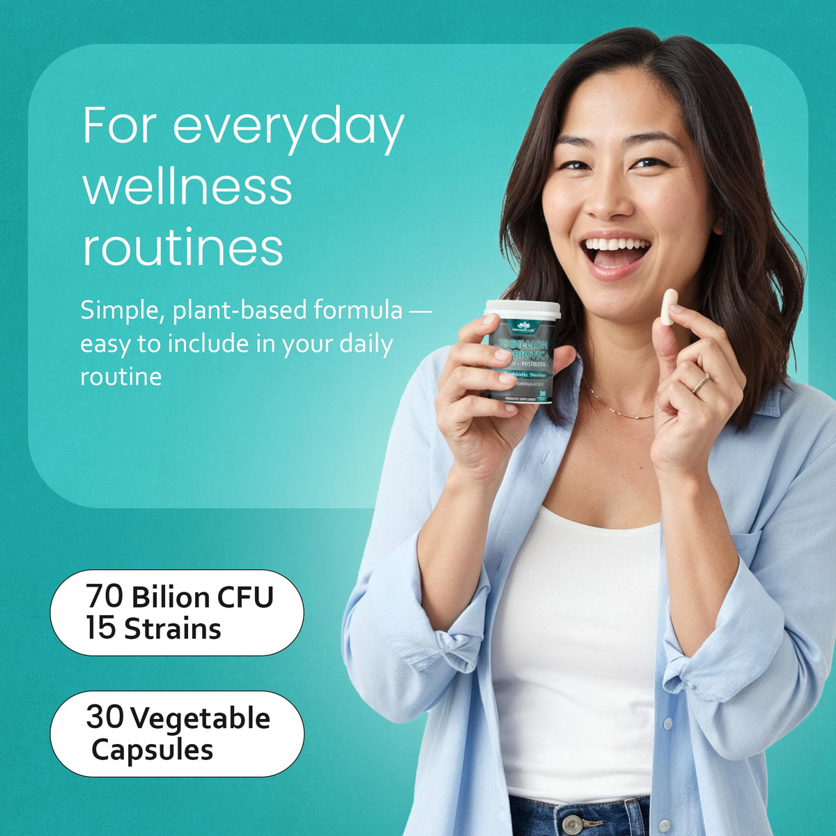 NaturaLife Labs Probiotics 70 Billion CFU – 15 Strains with Organic Prebiotic & Postbiotic – 3-in-1 Formula – 30 Vegan Capsules - FENGGESTORE20