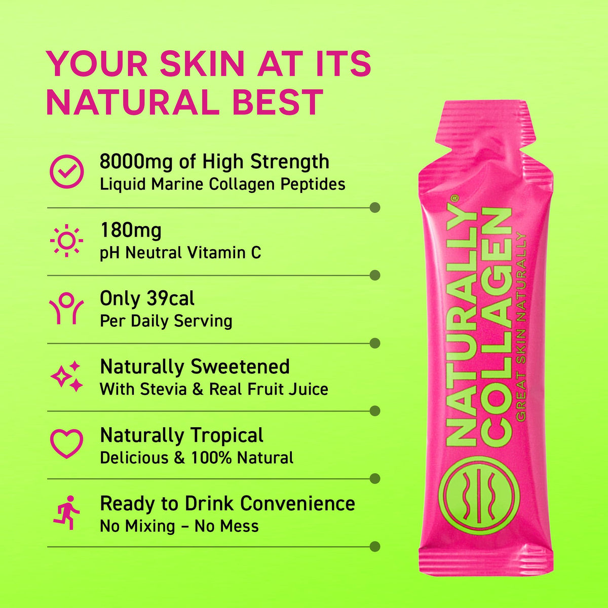 Naturally Collagen - Premium Hydrolyzed Liquid Marine Collagen Supplement - 8000mg of Collagen per Sachet Plus 180mg VIT C - Natural Tropical Fruit Flavour - 14 Sachets per Box - FENGGESTORE20