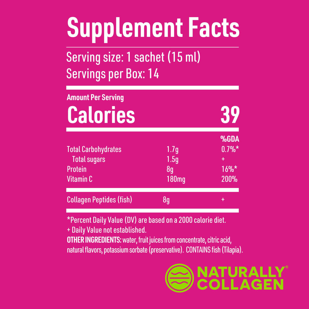 Naturally Collagen - Premium Hydrolyzed Liquid Marine Collagen Supplement - 8000mg of Collagen per Sachet Plus 180mg VIT C - Natural Tropical Fruit Flavour - 14 Sachets per Box - FENGGESTORE20