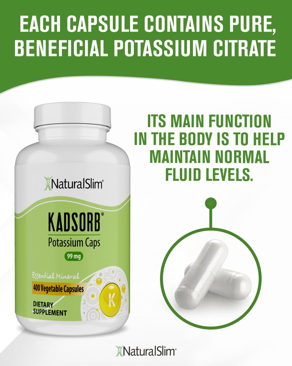 NaturalSlim Natural Potassium Citrate Gluconate 99 mg - Kadsorb Supports Electrolyte Balance & Normal pH - Absorbable Potassium Supplements - FENGGESTORE20