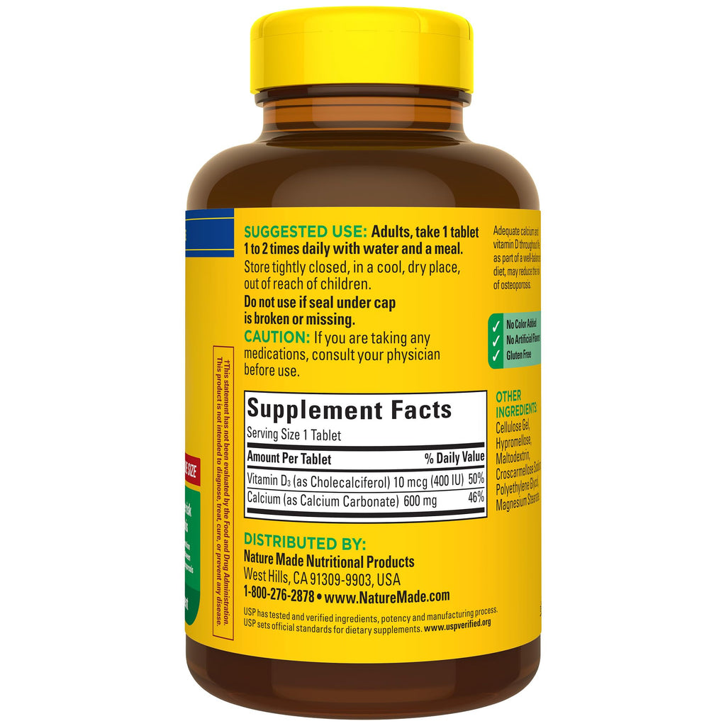 Nature Made Calcium 600 mg with Vitamin D3, Dietary Supplement for Bone Support, 220 Tablets - FENGGESTORE20