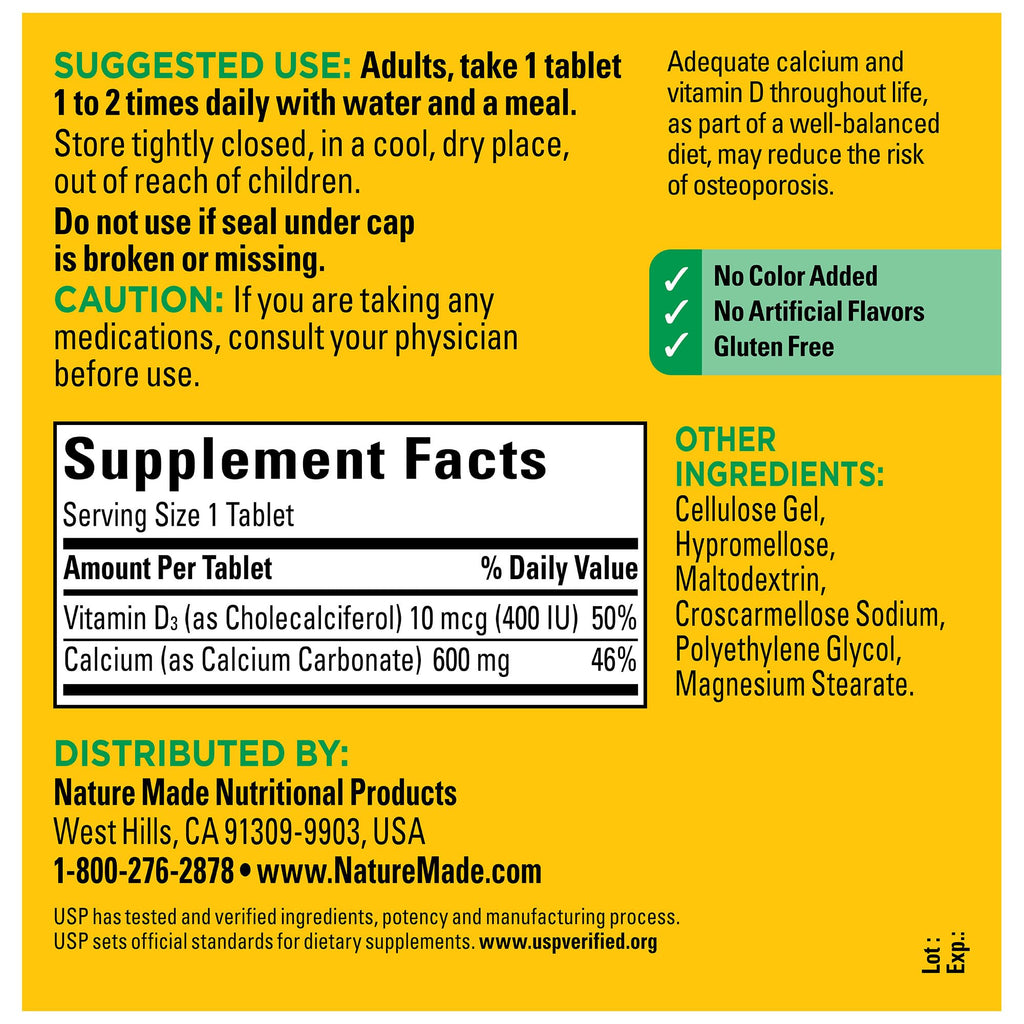 Nature Made Calcium 600 mg with Vitamin D3, Dietary Supplement for Bone Support, 220 Tablets - FENGGESTORE20