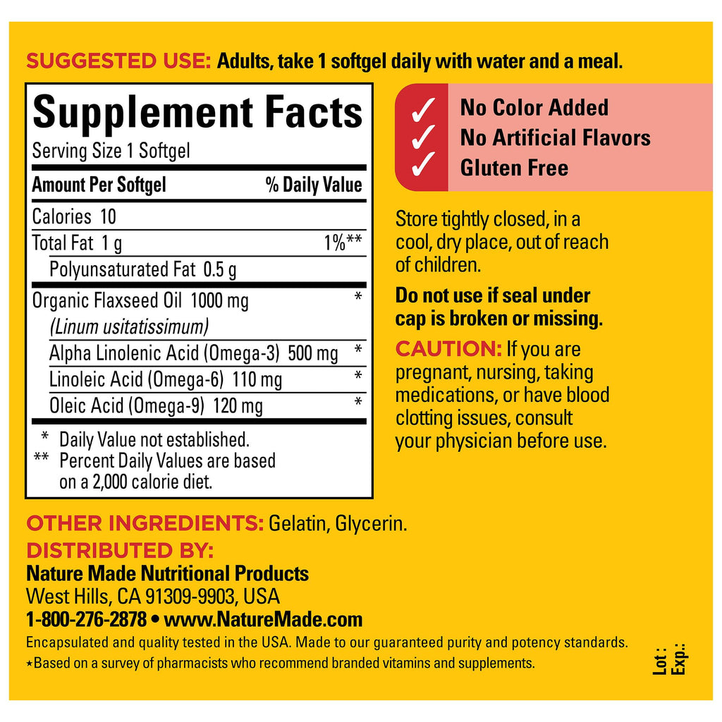 Nature Made Flaxseed Oil 1000 mg, Fish Free Omega 3 Supplement, Dietary Supplement for Heart Health Support, 100 Softgels, 100 Day Supply - FENGGESTORE20
