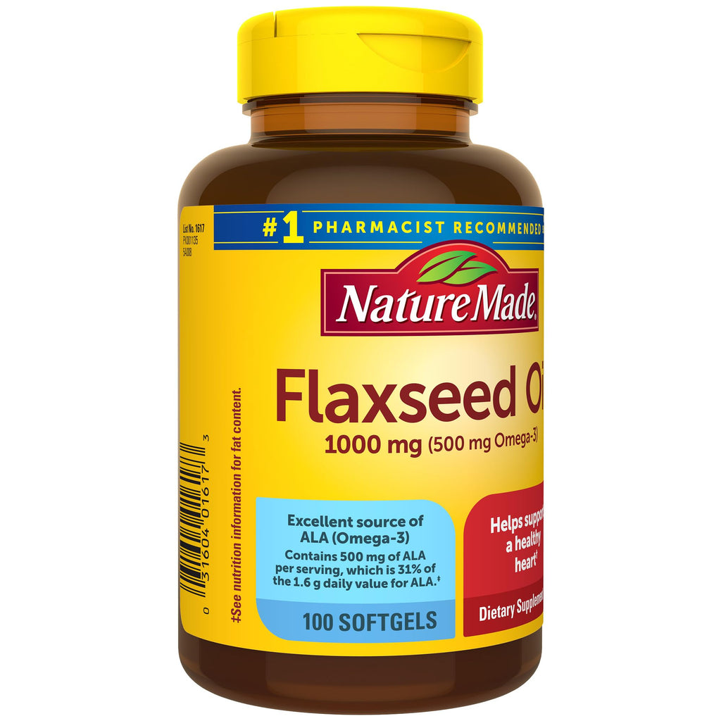 Nature Made Flaxseed Oil 1000 mg, Fish Free Omega 3 Supplement, Dietary Supplement for Heart Health Support, 100 Softgels, 100 Day Supply - FENGGESTORE20