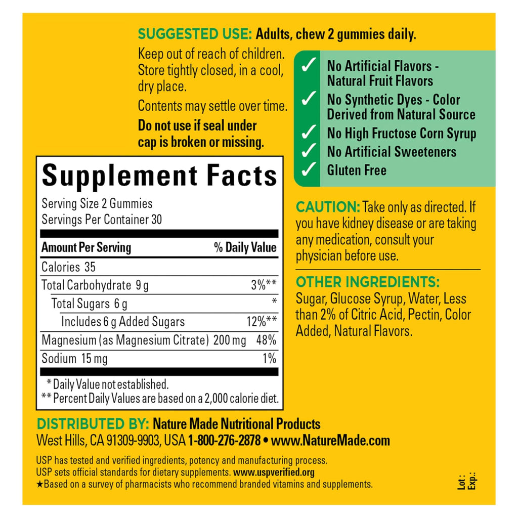 Nature Made High Absorption Magnesium Citrate 200 mg per serving, Magnesium Supplement for Muscle, Nerve, Bone and Heart Support, 60 Magnesium Gummies, 30 Day Supply - FENGGESTORE20