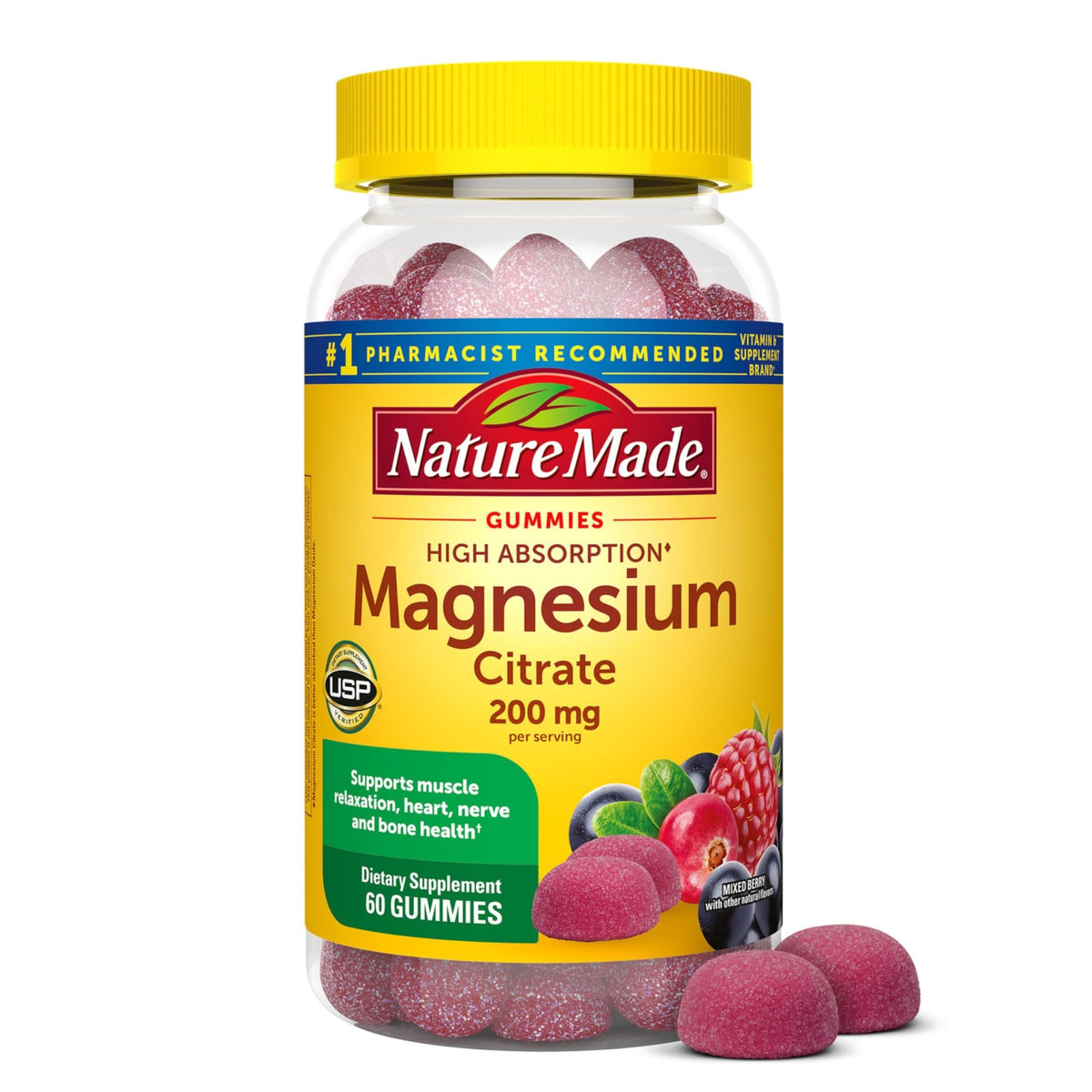 Nature Made High Absorption Magnesium Citrate 200 mg per serving, Magnesium Supplement for Muscle, Nerve, Bone and Heart Support, 60 Magnesium Gummies, 30 Day Supply - FENGGESTORE20